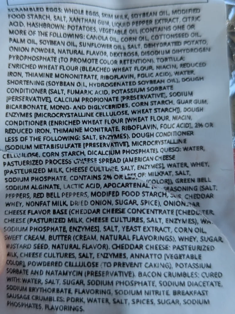 Breakfast Burrito Ingredient Label